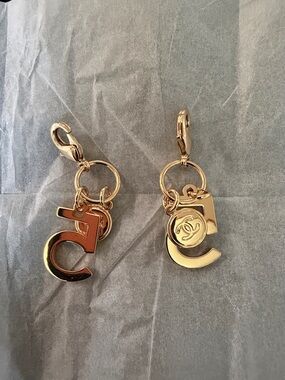 Channel 5 Gold Charm Keychain Pair - Designer Logo Accent